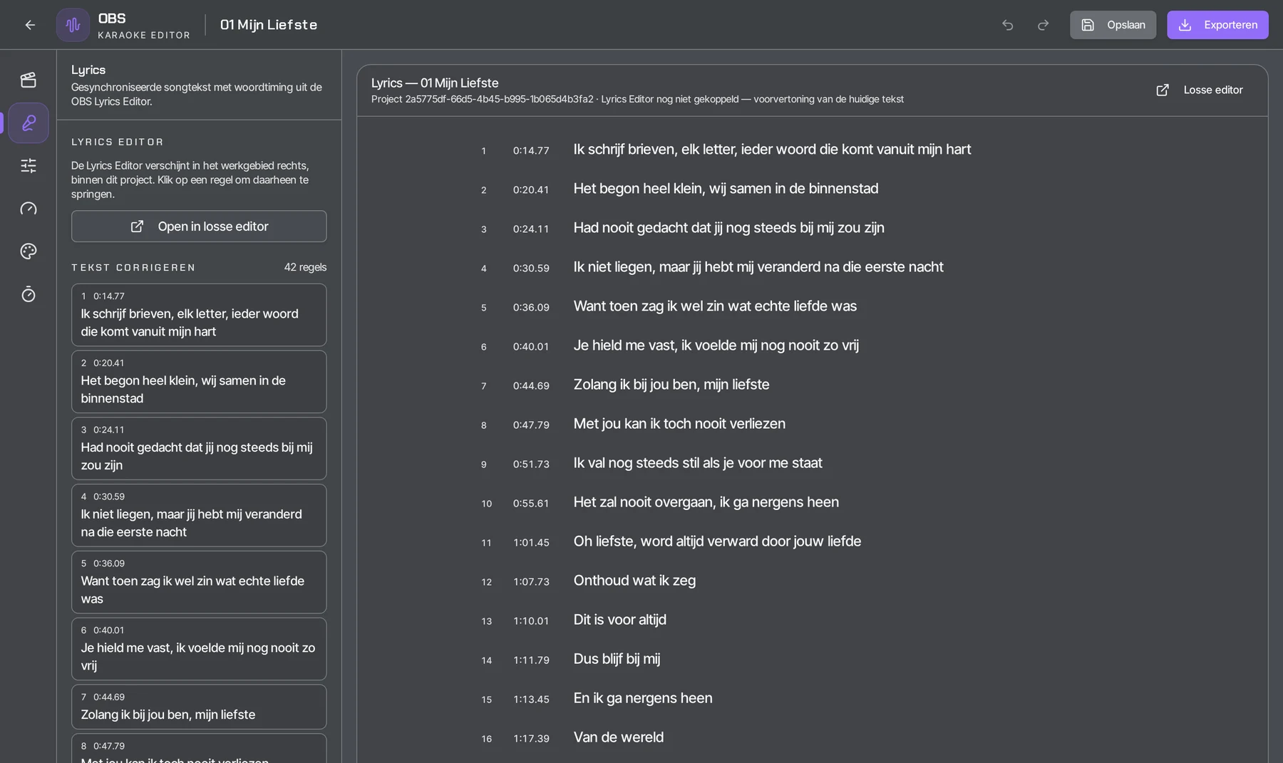 Lyrics-overzicht in de OBS Karaoke Editor met regelnummers, starttijden en tekst