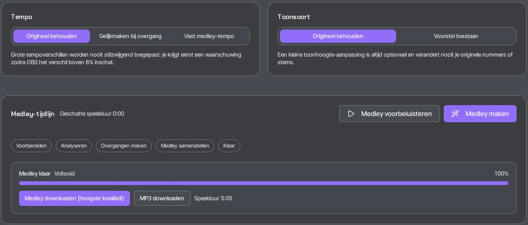 OBS Medley Maker met voltooide medley